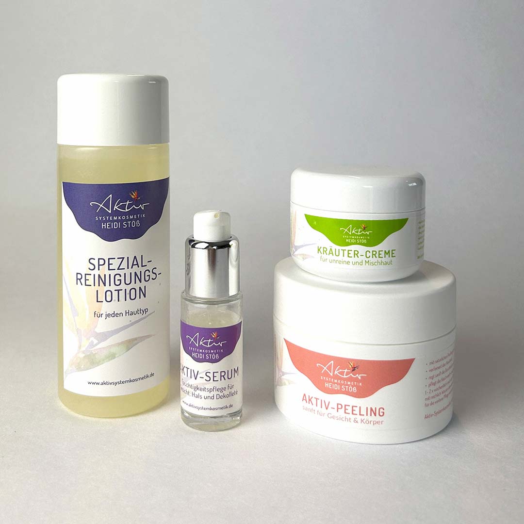 Reinigung + Aktiv-Serum + Aktiv-Peeling + Kräuter-Creme