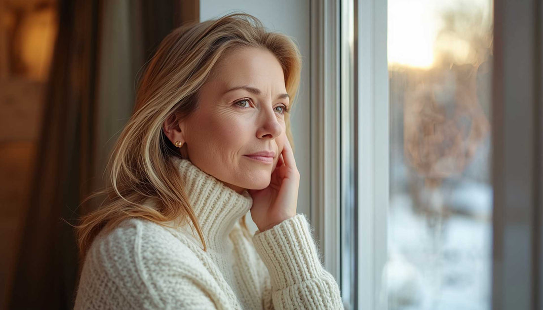 Frau schaut aus Fenster